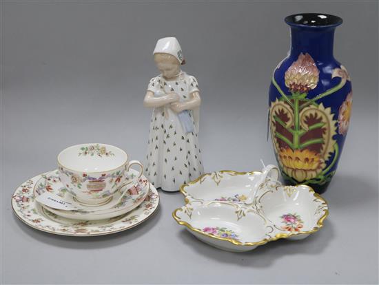 A Bing & Grondahl figure of a girl with a doll, No 1721, a Continental Art Nouveau style tube-lined vase and two other items,